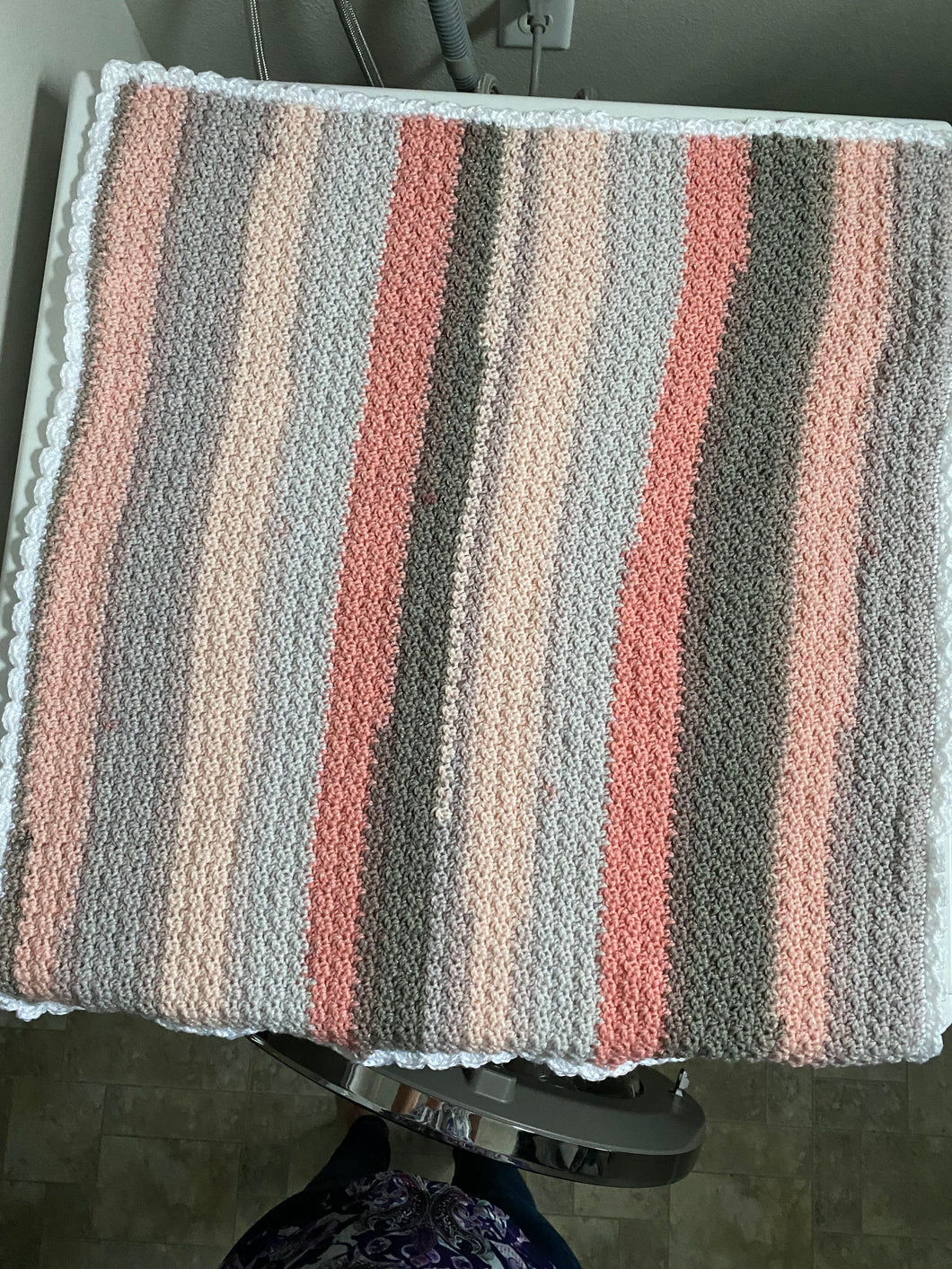 Pink/Gray Baby Blanket with Lace Trim