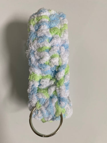 Fluffy White with a touch of Green/Blue Wrist Key chain